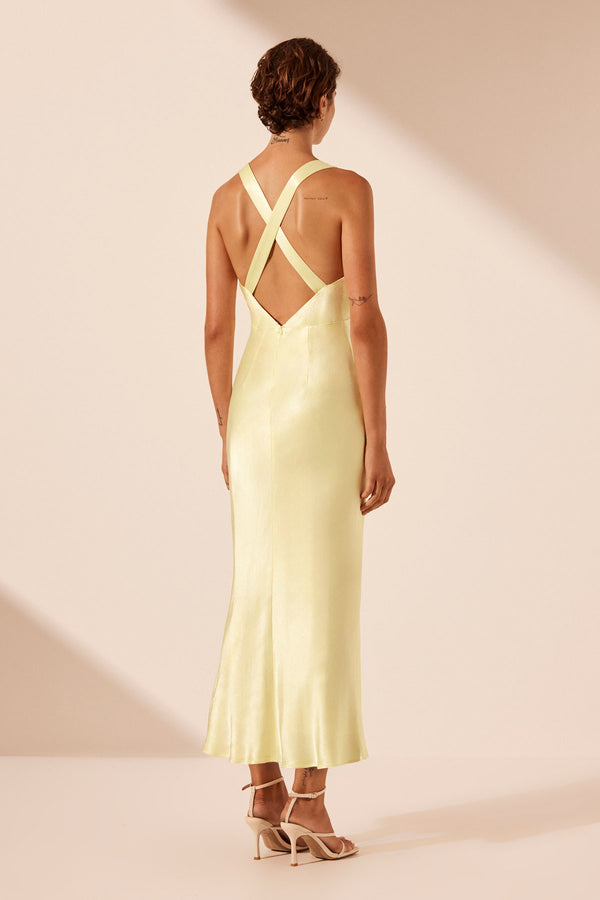 LA LUNE PLUNGED CROSS BACK MIDI DRESS - LEMON_B