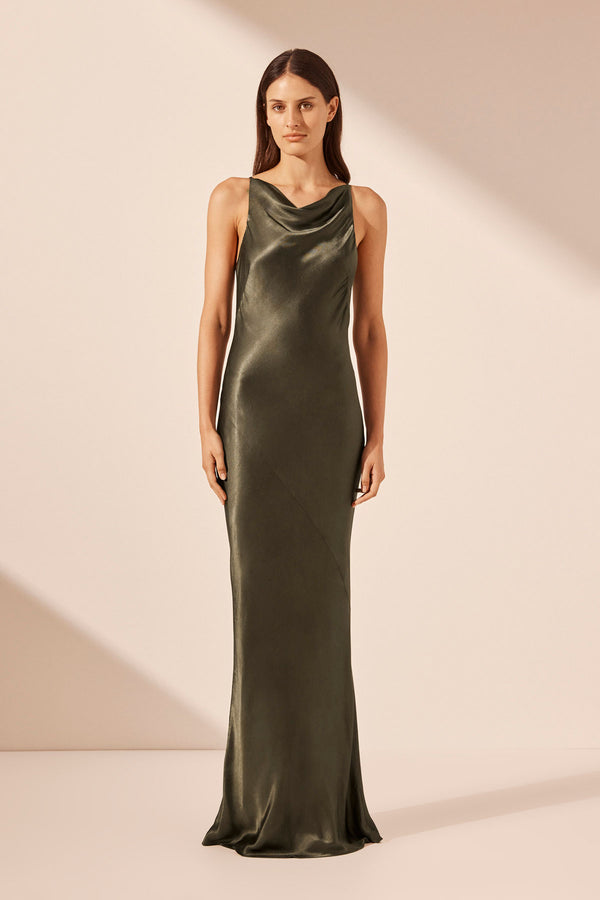 LA LUNE HIGH NECK COWL MAXI DRESS - FOREST_F