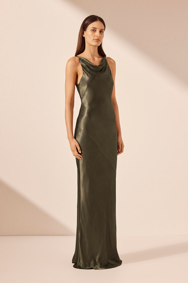 LA LUNE HIGH NECK COWL MAXI DRESS - FOREST_A