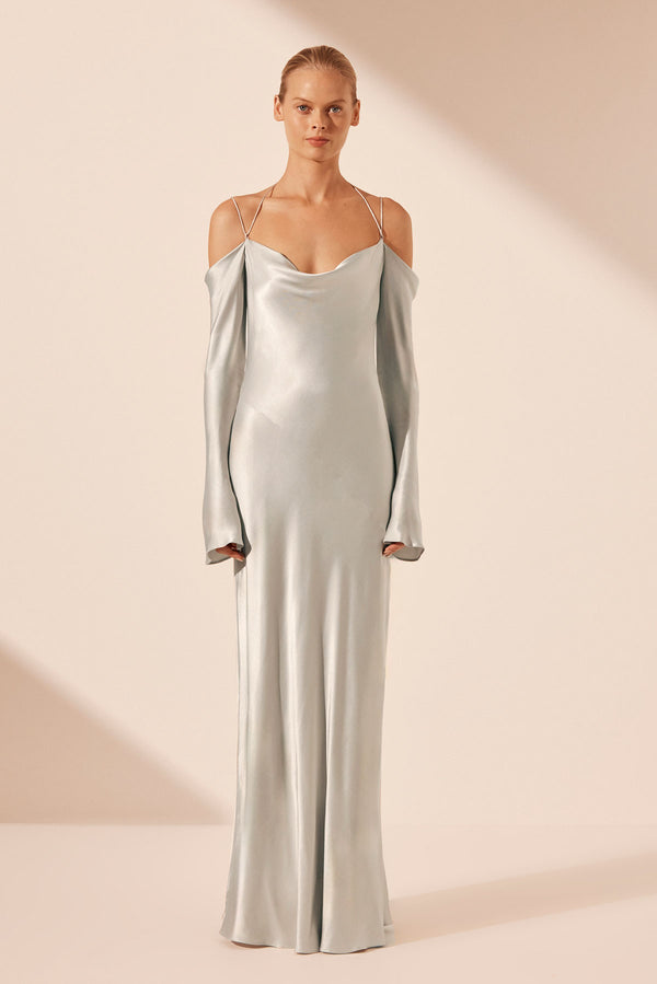 SOFIA OFF SHOULDER TIE MAXI DRESS - SILVER_F