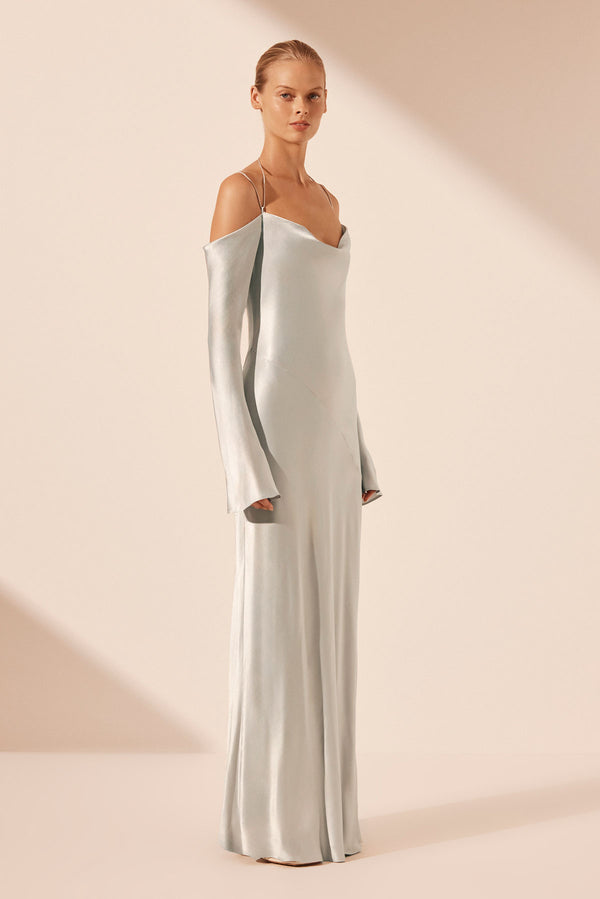 SOFIA OFF SHOULDER TIE MAXI DRESS - SILVER_A