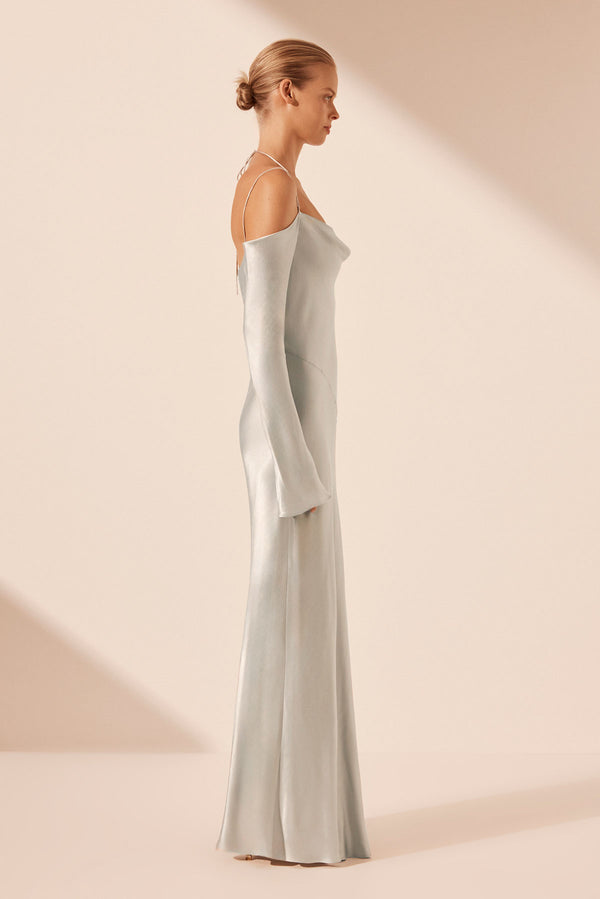 SOFIA OFF SHOULDER TIE MAXI DRESS - SILVER_S