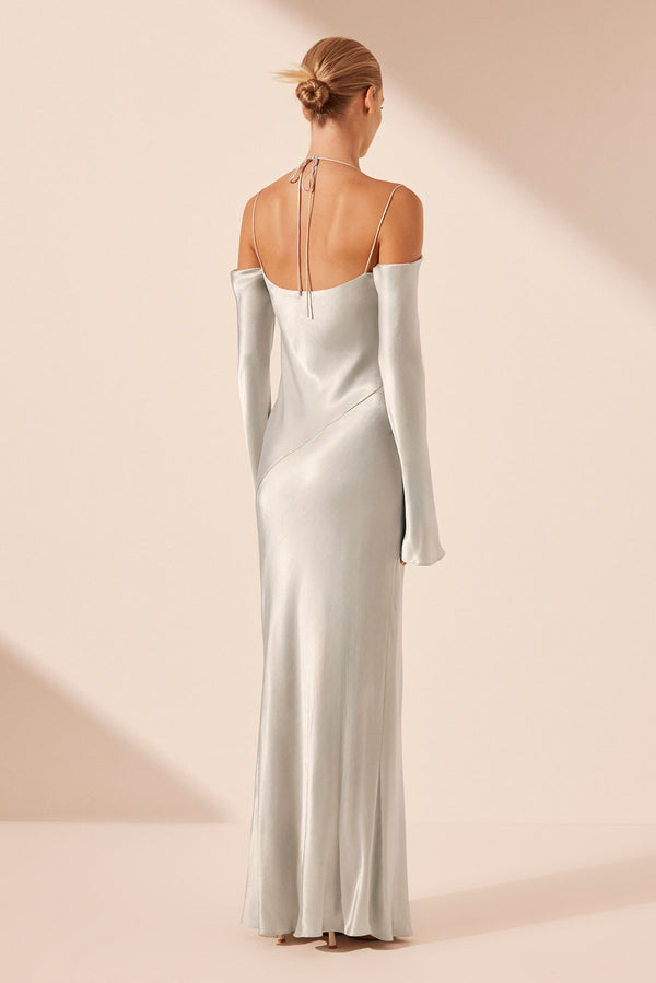 SOFIA OFF SHOULDER TIE MAXI DRESS - SILVER_B