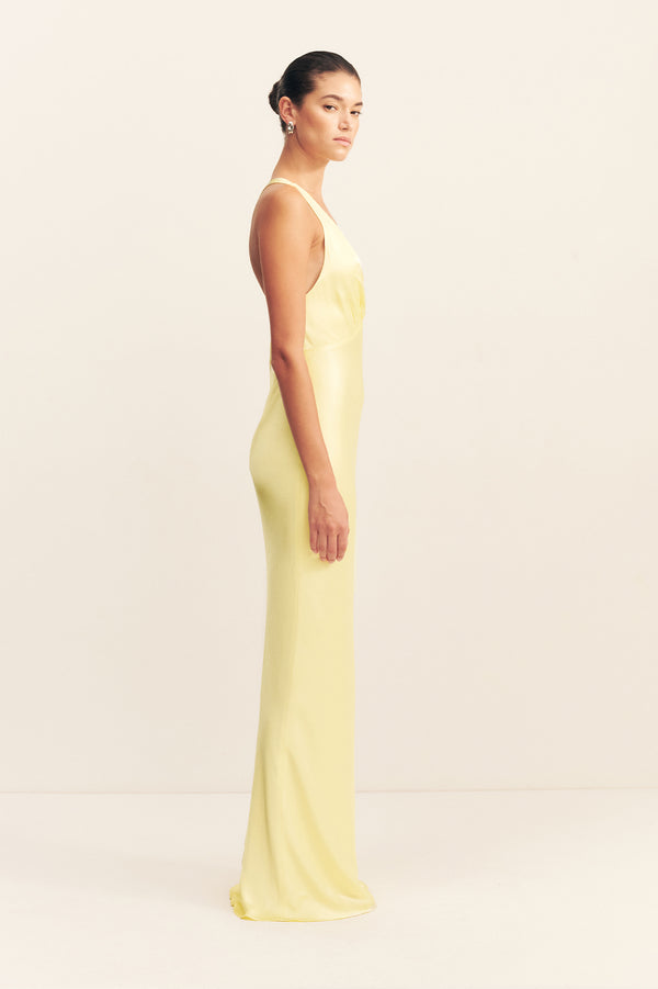 LA LUNE PLUNGED CROSS BACK MAXI DRESS - LEMON