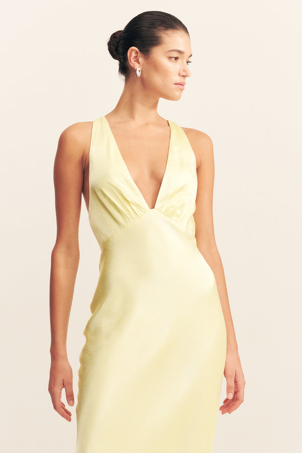 LA LUNE PLUNGED CROSS BACK MAXI DRESS - LEMON