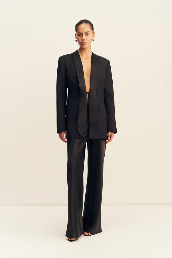 BENJI SATIN CONTRAST TUXEDO BLAZER - BLACK_F