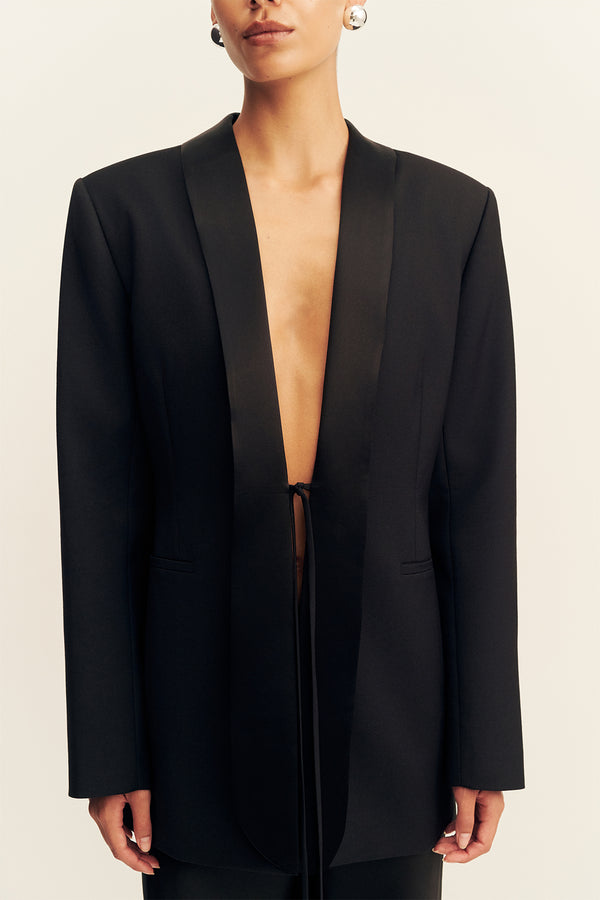 BENJI SATIN CONTRAST TUXEDO BLAZER - BLACK