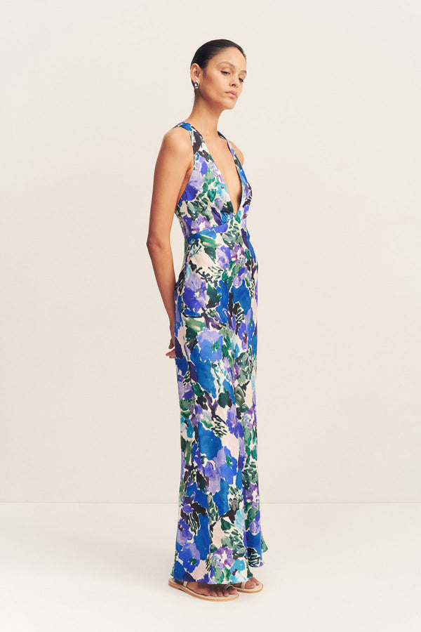 CURLEWIS PLUNGED CROSS BACK MAXI DRESS_A