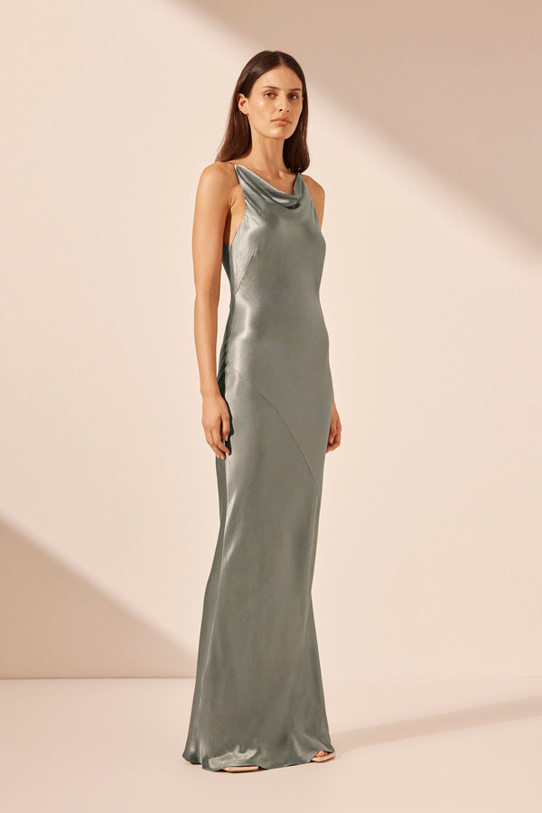 LA LUNE HIGH NECK COWL MAXI DRESS - SAGE_A