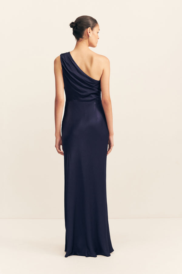 LA LUNE GATHERED ONE SHOULDER MAXI DRESS - MIDNIGHT