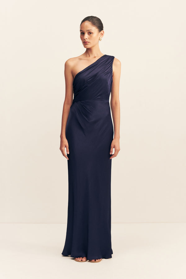 LA LUNE GATHERED ONE SHOULDER MAXI DRESS - MIDNIGHT_F