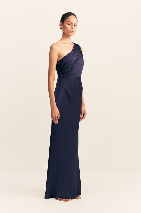 LA LUNE GATHERED ONE SHOULDER MAXI DRESS - MIDNIGHT