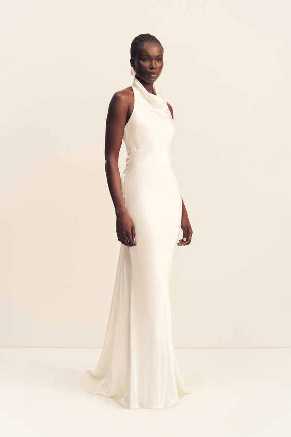 LA LUNE HIGH COWL OPEN BACK GOWN - WHITE