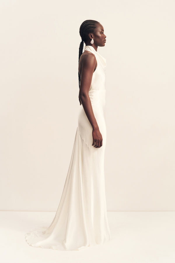 LA LUNE HIGH COWL OPEN BACK GOWN - WHITE