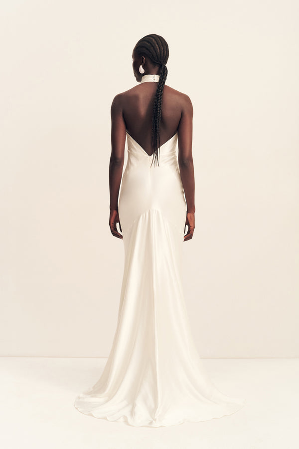 LA LUNE HIGH COWL OPEN BACK GOWN - WHITE