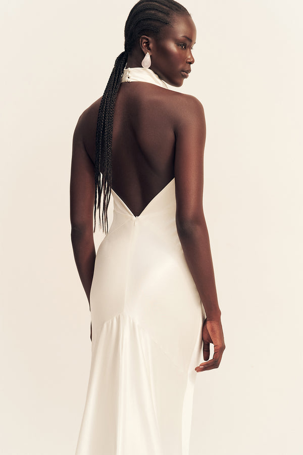 LA LUNE HIGH COWL OPEN BACK GOWN - WHITE