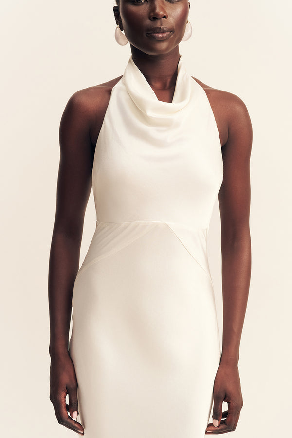LA LUNE HIGH COWL OPEN BACK GOWN - WHITE