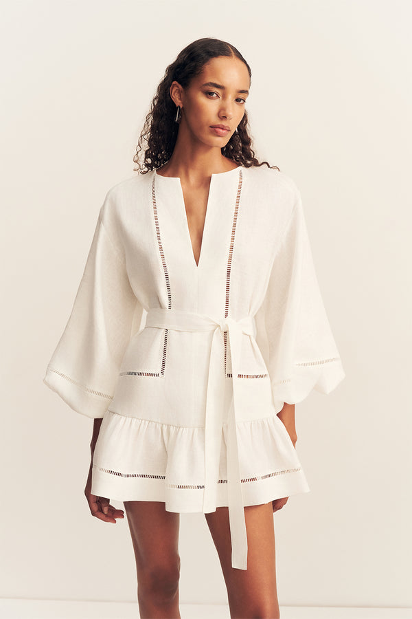 TOMMY LINEN BALLOON SLEEVE MINI DRESS - IVORY