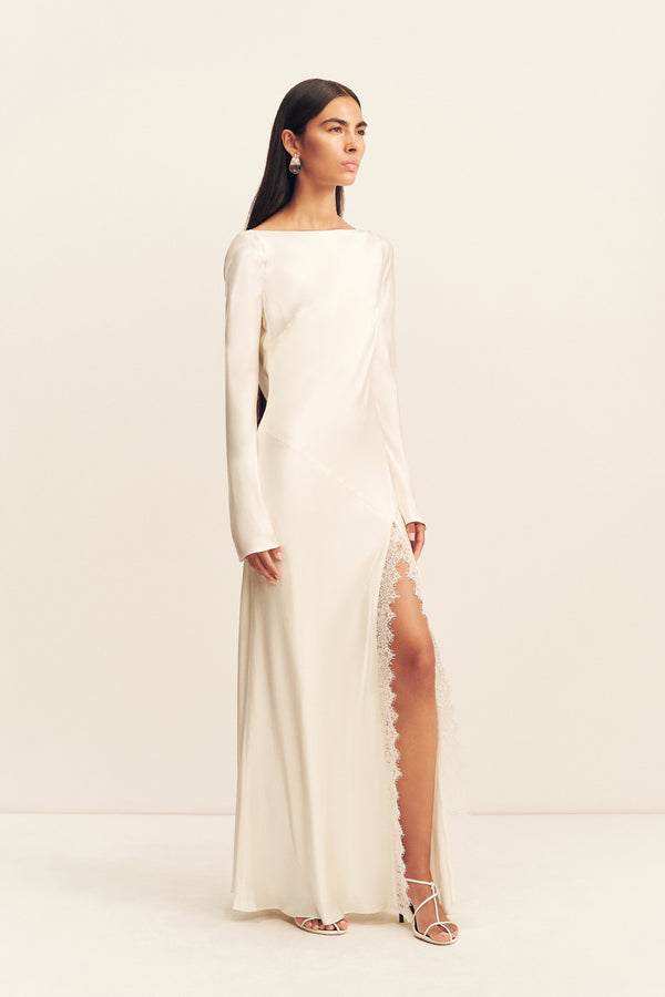LA LUNE CUMULUS SILK BACKLESS LACE SPLIT MAXI DRESS - IVORY