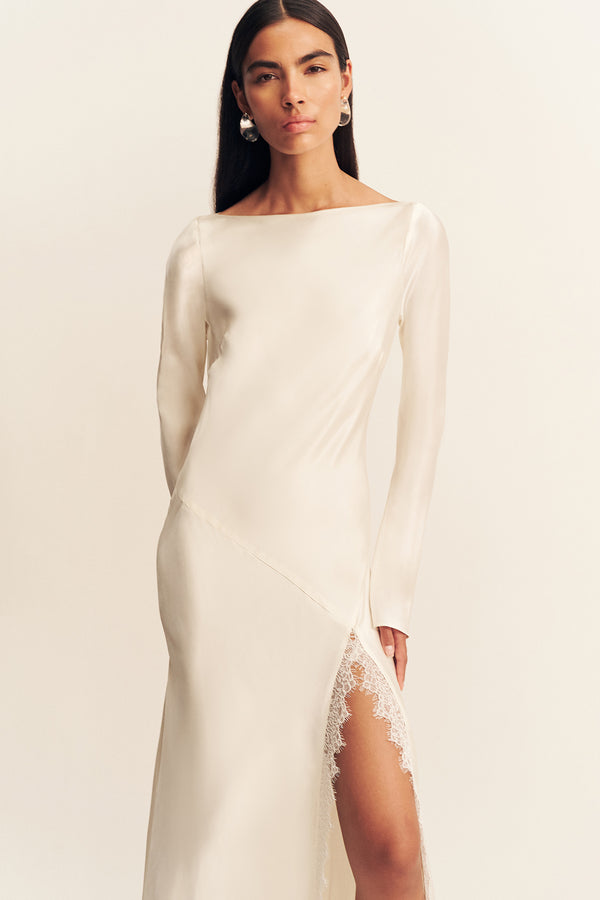 LA LUNE CUMULUS SILK BACKLESS LACE SPLIT MAXI DRESS - IVORY