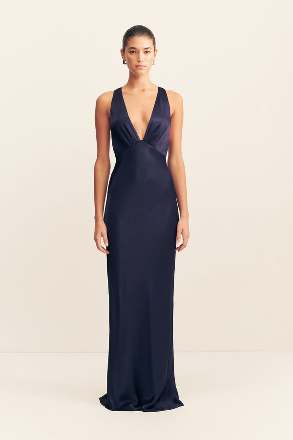 LA LUNE PLUNGED CROSS BACK MAXI DRESS - MIDNIGHT_F