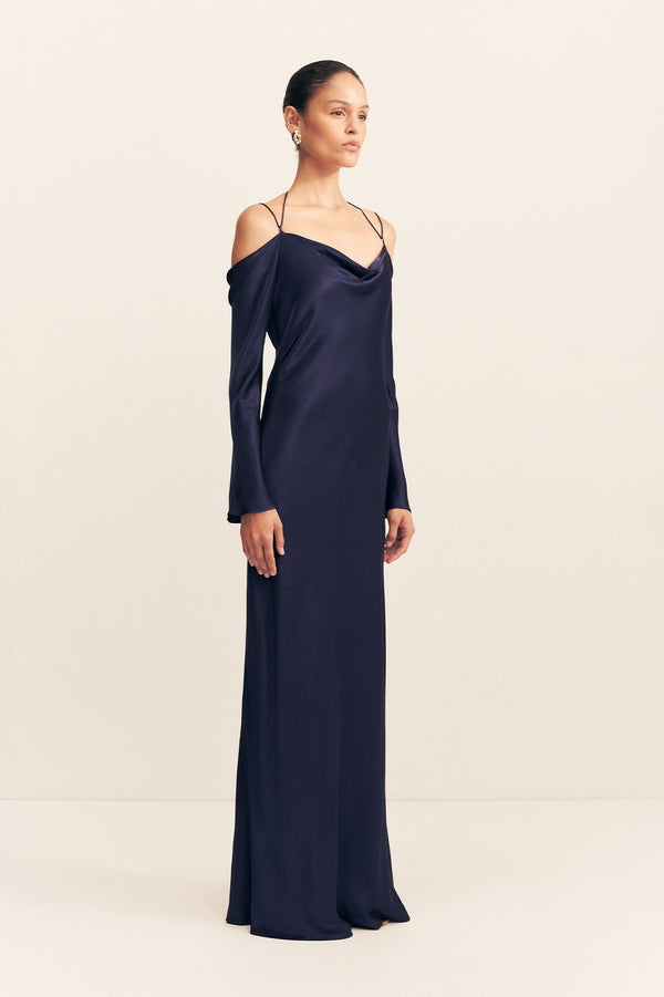 LA LUNE OFF SHOULDER TIE MAXI DRESS - MIDNIGHT