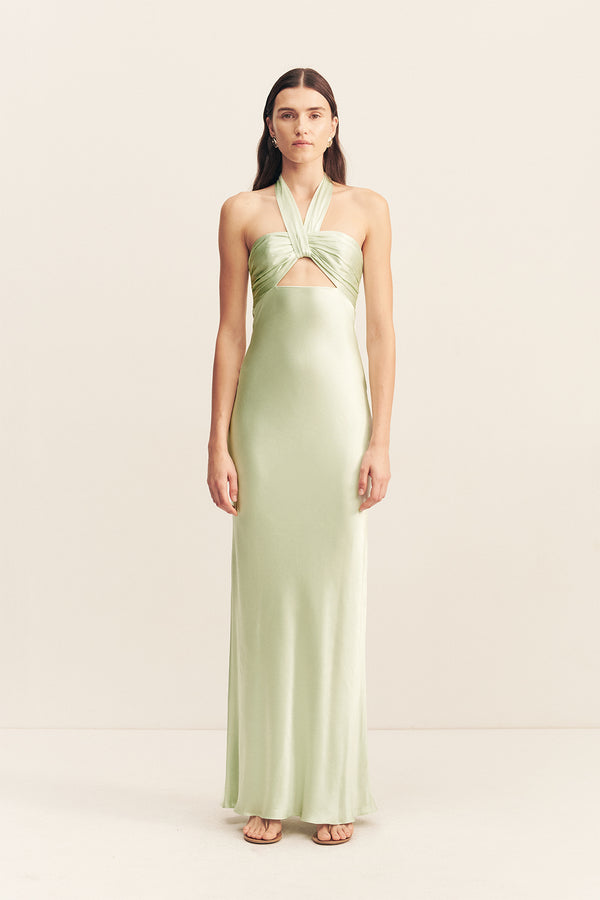LA LUNE RUCHED HALTER MAXI DRESS - KEY LIME_F