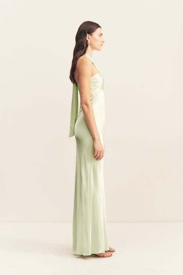 LA LUNE RUCHED HALTER MAXI DRESS - KEY LIME