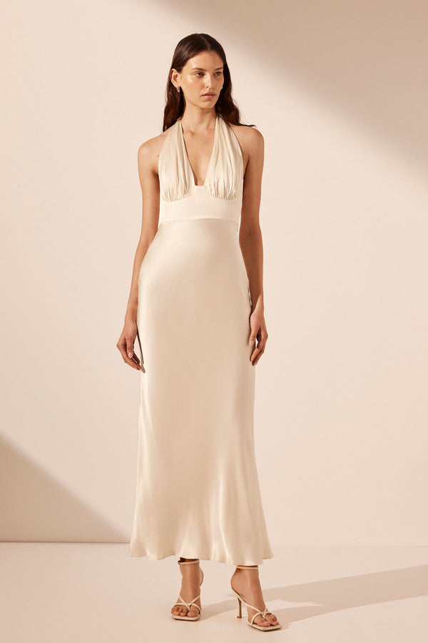 LA LUNE PLUNGED HALTER MIDI DRESS - CREAM_F