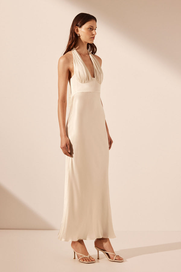 LA LUNE PLUNGED HALTER MIDI DRESS - CREAM_A