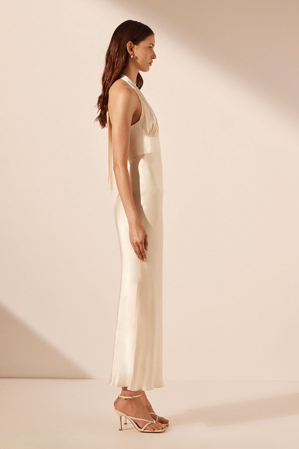 LA LUNE PLUNGED HALTER MIDI DRESS - CREAM_S