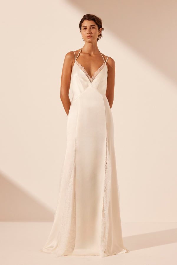 LA LUNE SILK LACE PLUNGED MAXI DRESS - IVORY_F