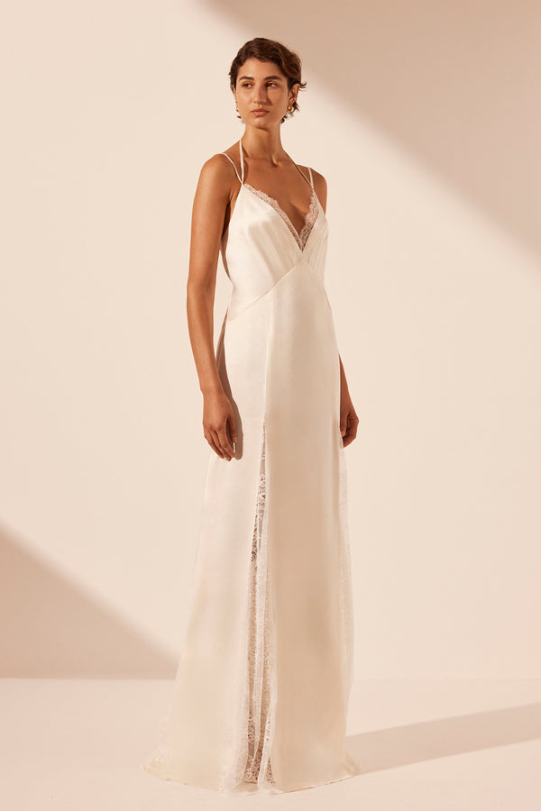 LA LUNE SILK LACE PLUNGED MAXI DRESS - IVORY_A