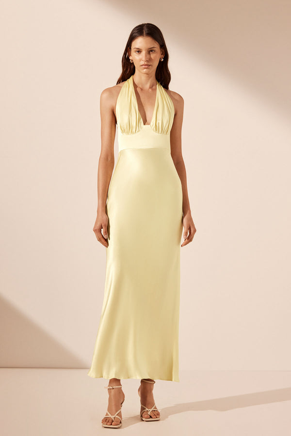 LA LUNE PLUNGED HALTER MIDI DRESS - LEMON_F