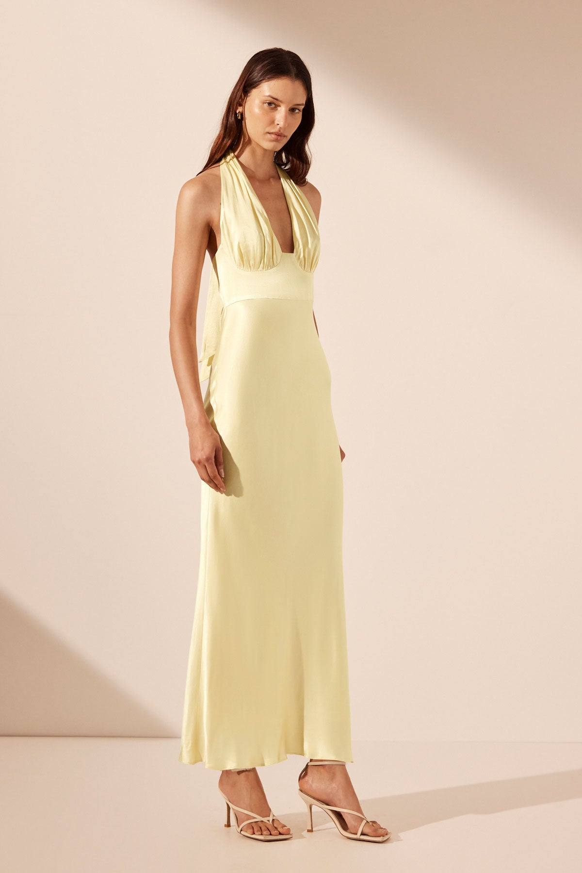 LA LUNE PLUNGED HALTER MIDI DRESS - LEMON