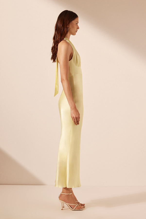 LA LUNE PLUNGED HALTER MIDI DRESS - LEMON_S