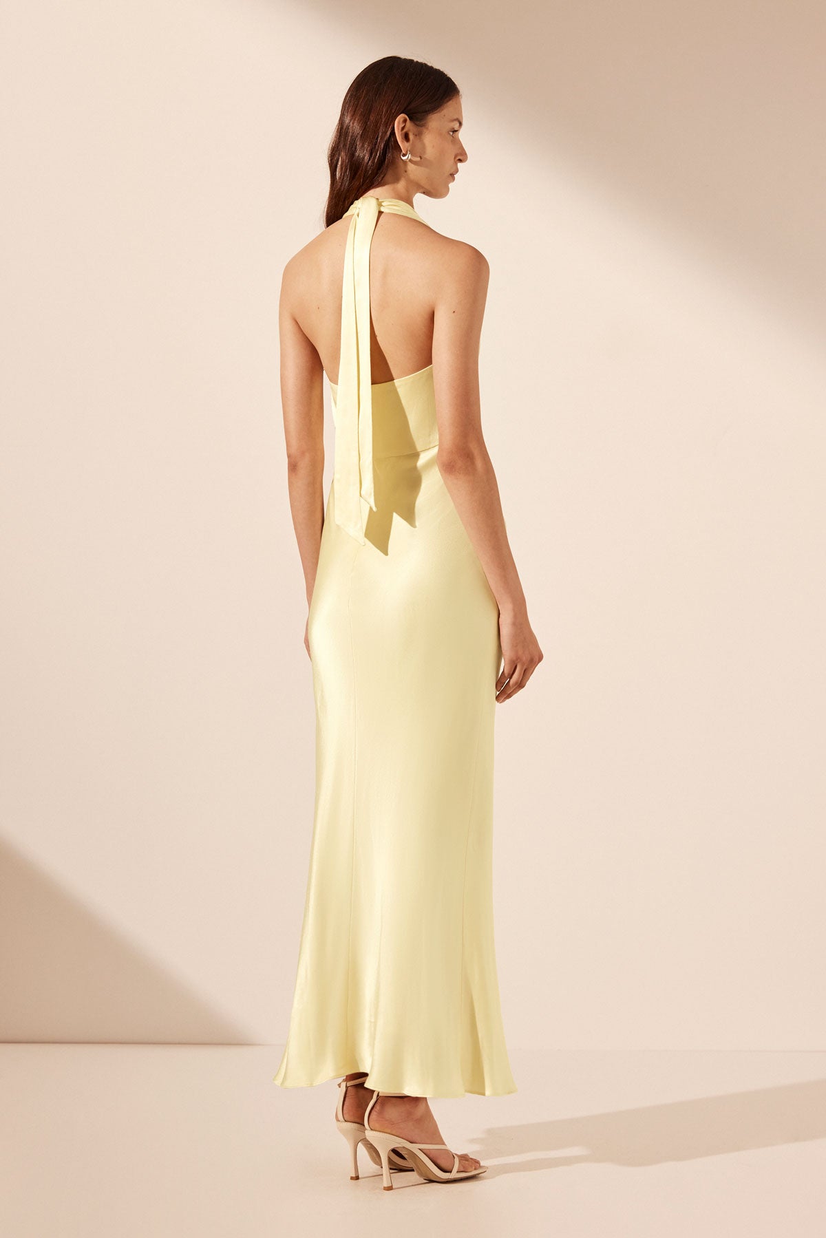 LA LUNE PLUNGED HALTER MIDI DRESS - LEMON