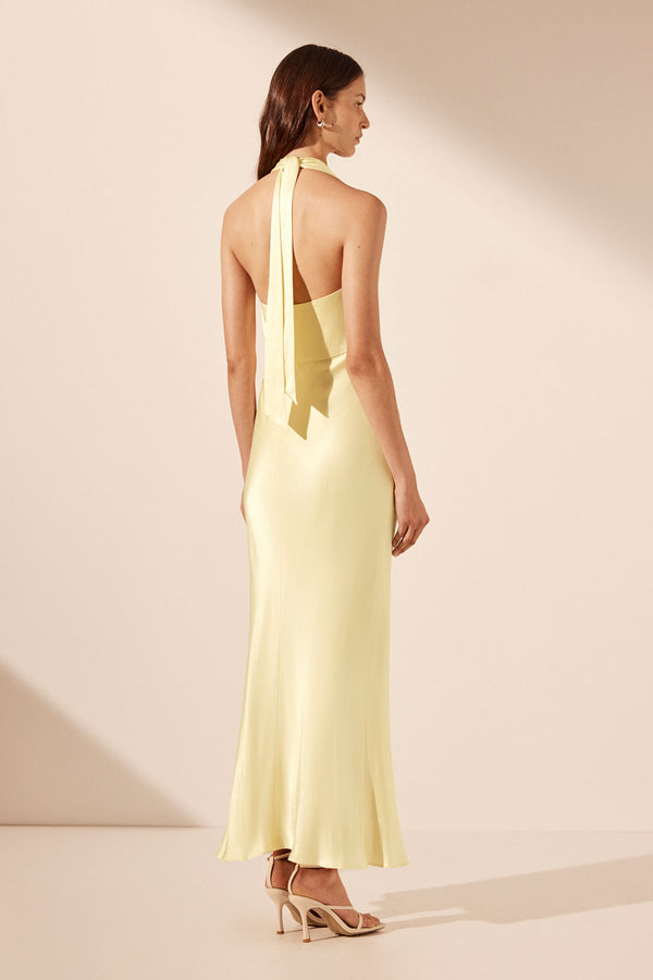 LA LUNE PLUNGED HALTER MIDI DRESS - LEMON_B