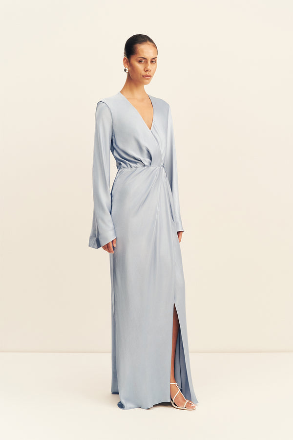 LA LUNE LONG SLEEVE WRAP MAXI DRESS - POWDER BLUE