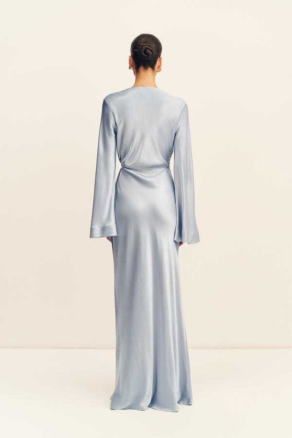 LA LUNE LONG SLEEVE WRAP MAXI DRESS - POWDER BLUE