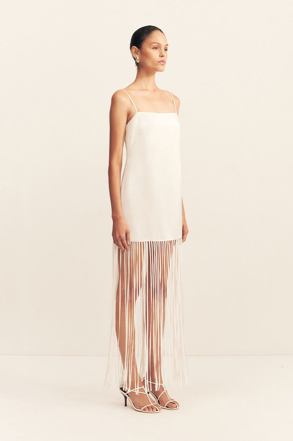 MORAYA SQUARE NECK FRINGE MAXI DRESS - IVORY