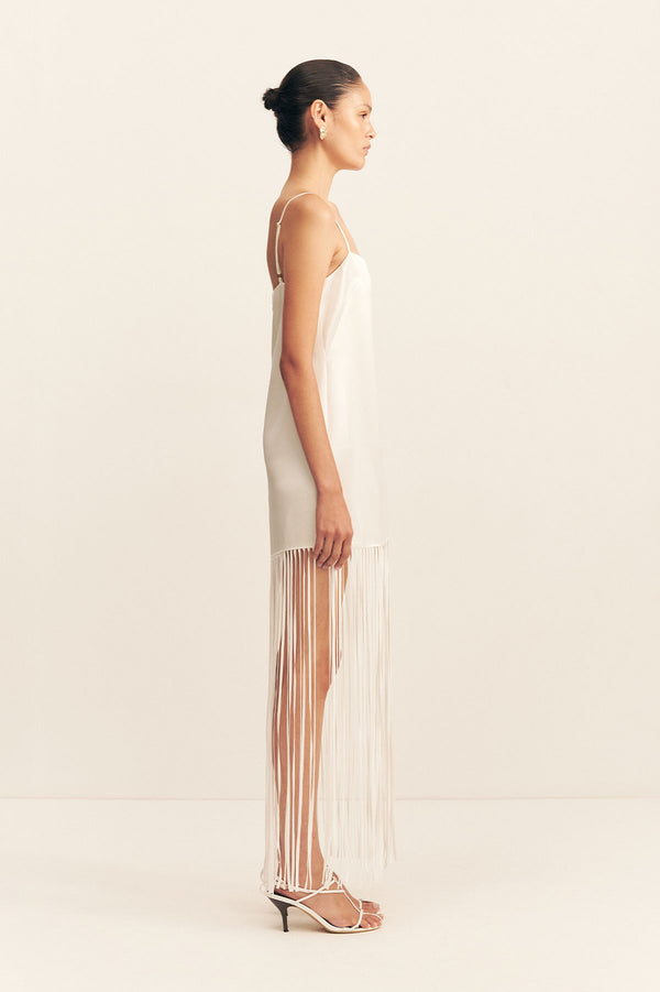 MORAYA SQUARE NECK FRINGE MAXI DRESS - IVORY