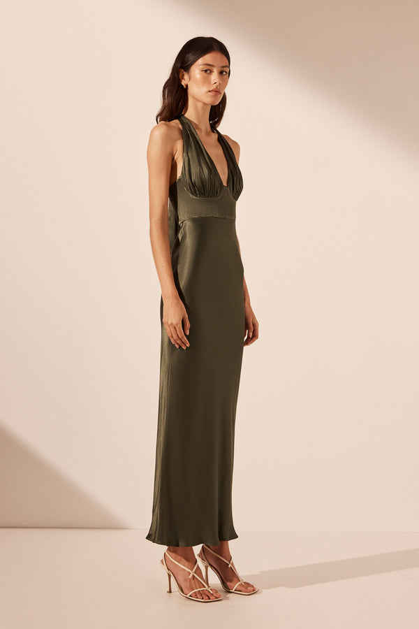 LA LUNE PLUNGED HALTER MIDI DRESS - FOREST_A