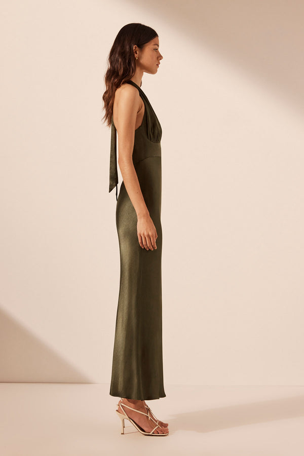 LA LUNE PLUNGED HALTER MIDI DRESS - FOREST_S
