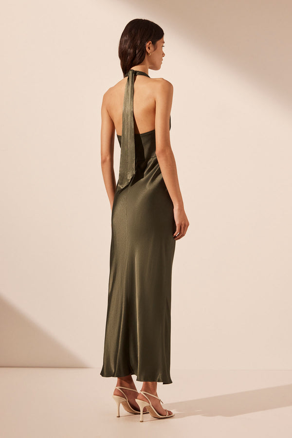 LA LUNE PLUNGED HALTER MIDI DRESS - FOREST_B