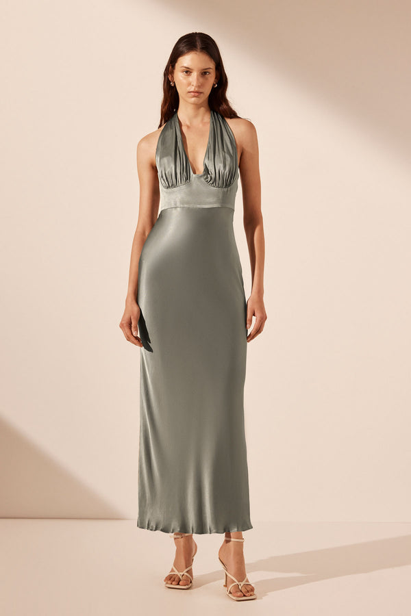 LA LUNE PLUNGED HALTER MIDI DRESS - SAGE_F