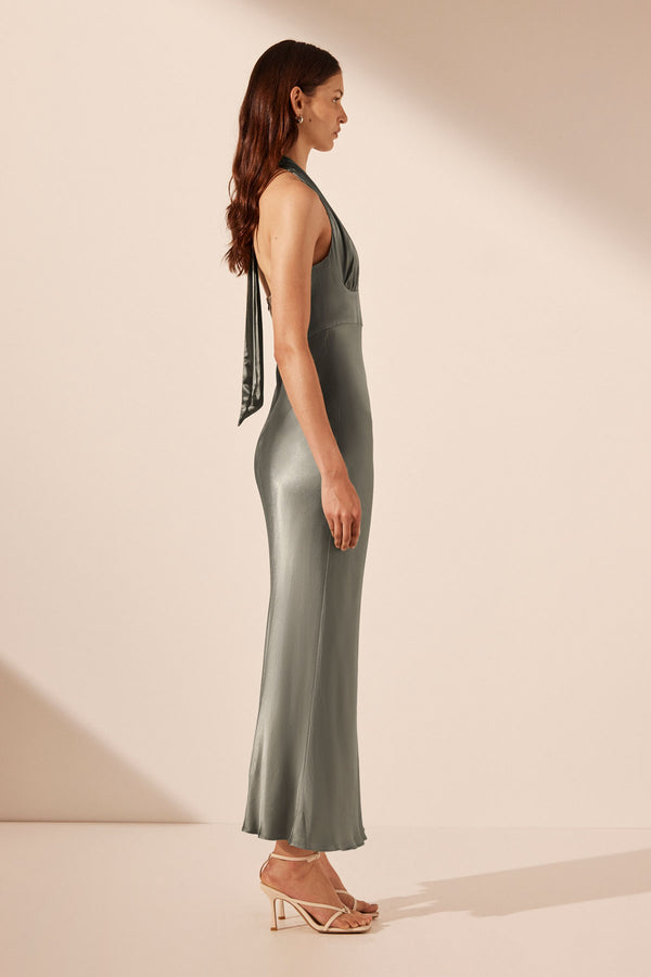 LA LUNE PLUNGED HALTER MIDI DRESS - SAGE_S