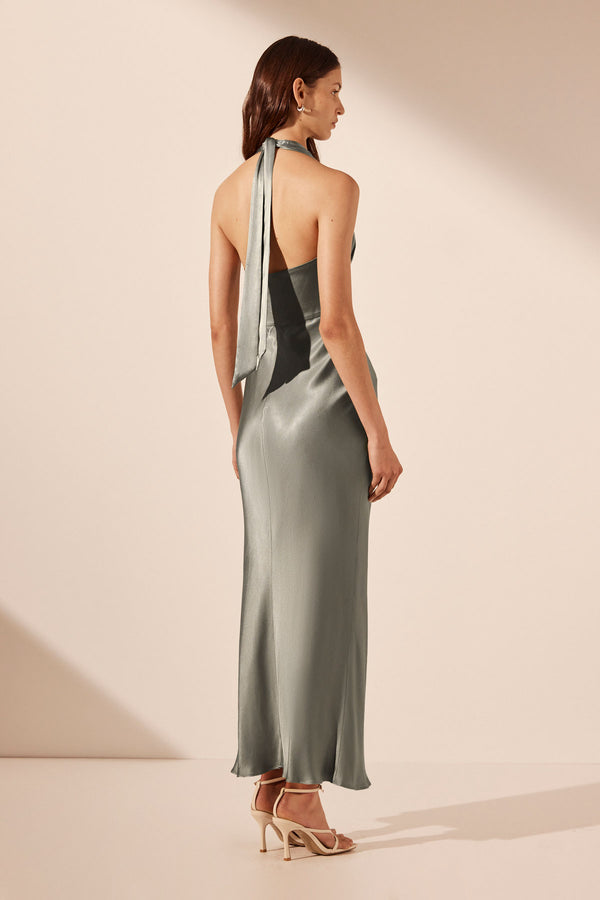 LA LUNE PLUNGED HALTER MIDI DRESS - SAGE_B