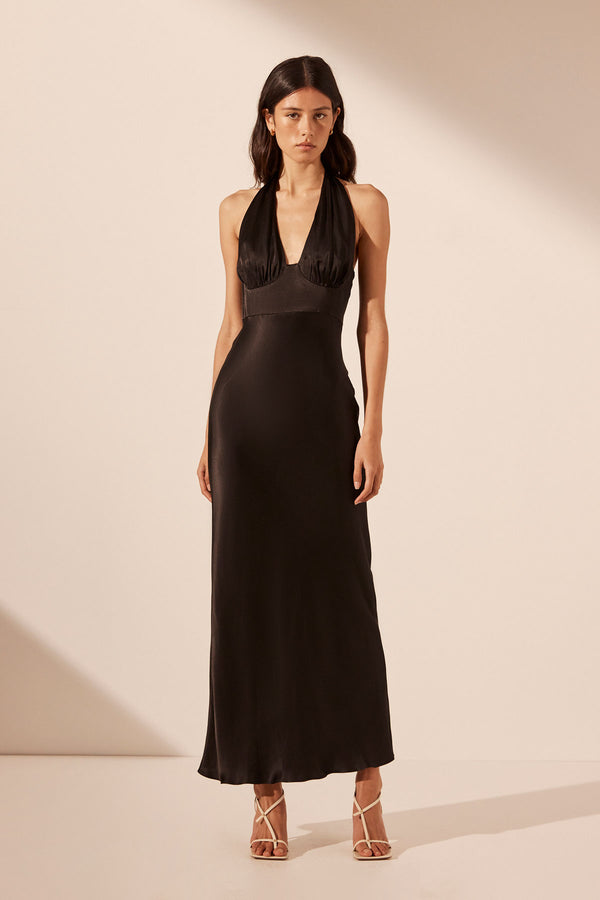 LA LUNE PLUNGED HALTER MIDI DRESS - BLACK_F
