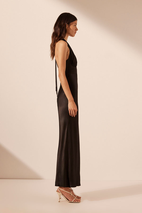 LA LUNE PLUNGED HALTER MIDI DRESS - BLACK_S
